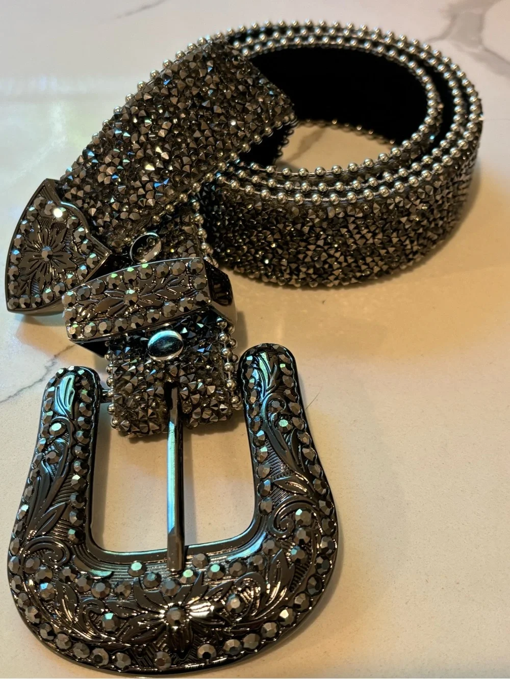 Y2K Genuine Leather Suede and Silver Mixed Metal Bling Belt Womens Small Heavy